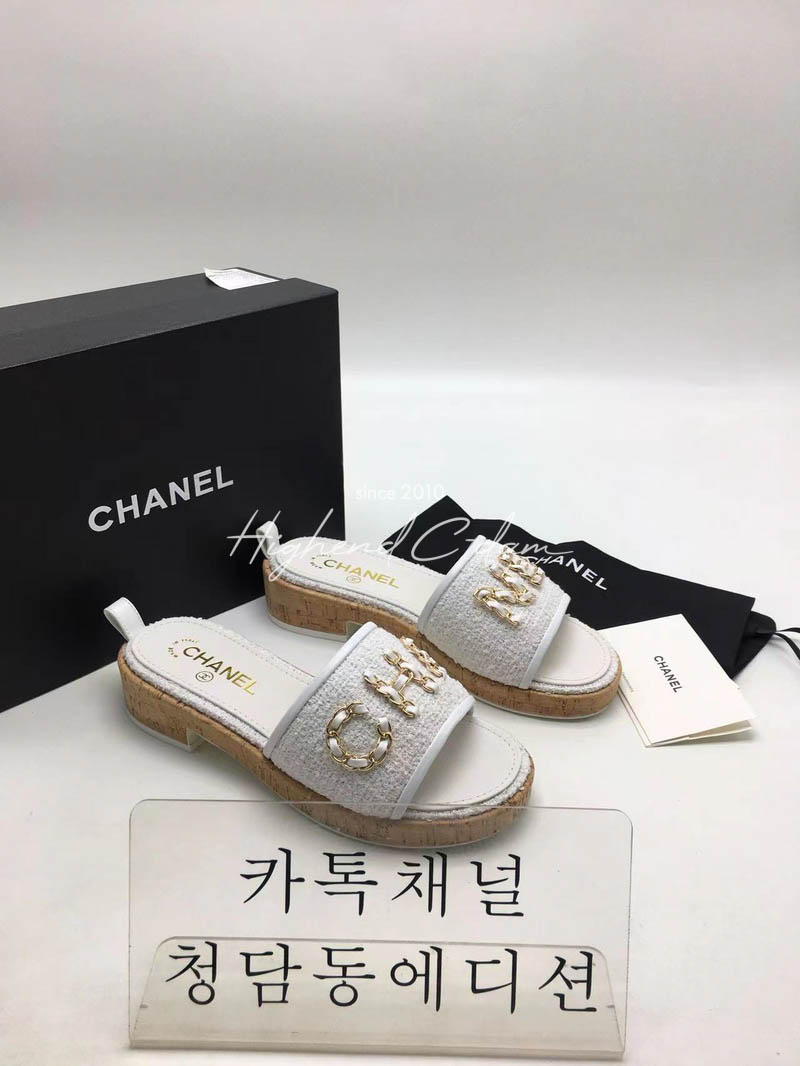 샤넬 로고 트위드 슬리퍼