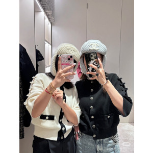 샤넬 리본 슬리브 배색 반팔 가디건 (3COLOR)