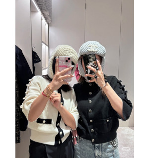 샤넬 리본 슬리브 배색 반팔 가디건 (3COLOR)