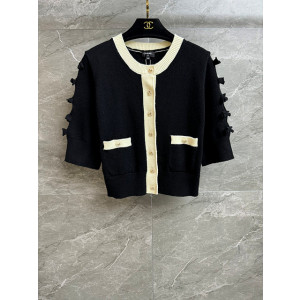 샤넬 리본 슬리브 배색 반팔 가디건 (3COLOR)