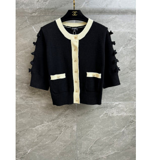 샤넬 리본 슬리브 배색 반팔 가디건 (3COLOR)