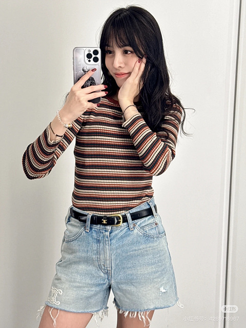 셀린느 스트라이프 골지 니트 톱