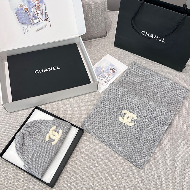 샤넬 CC 로고 와플 캐시미어 비니 & 머플러